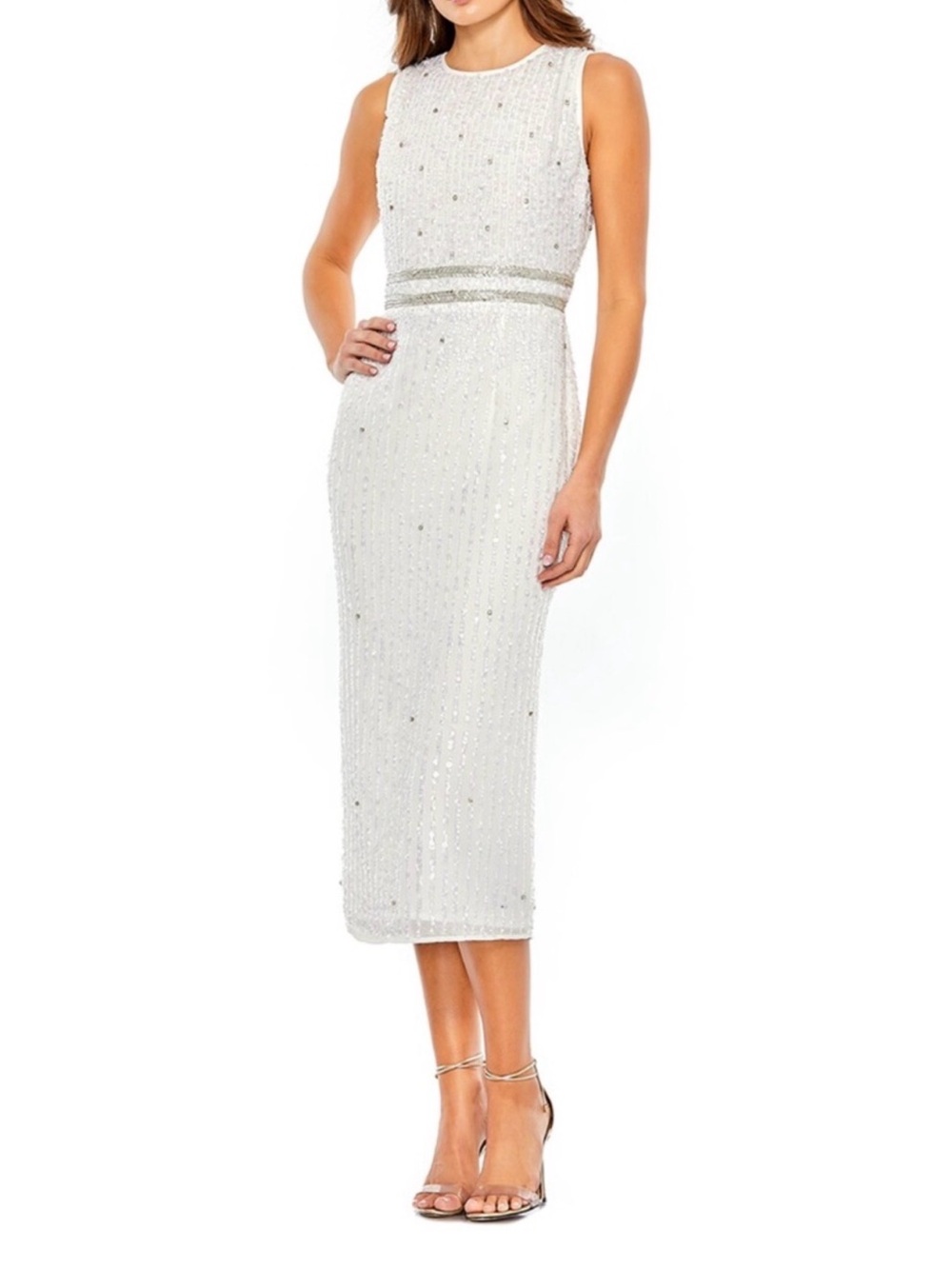 NWT Mac Duggal White Sleeveless Sequin Midi Dress with Silver Waistband